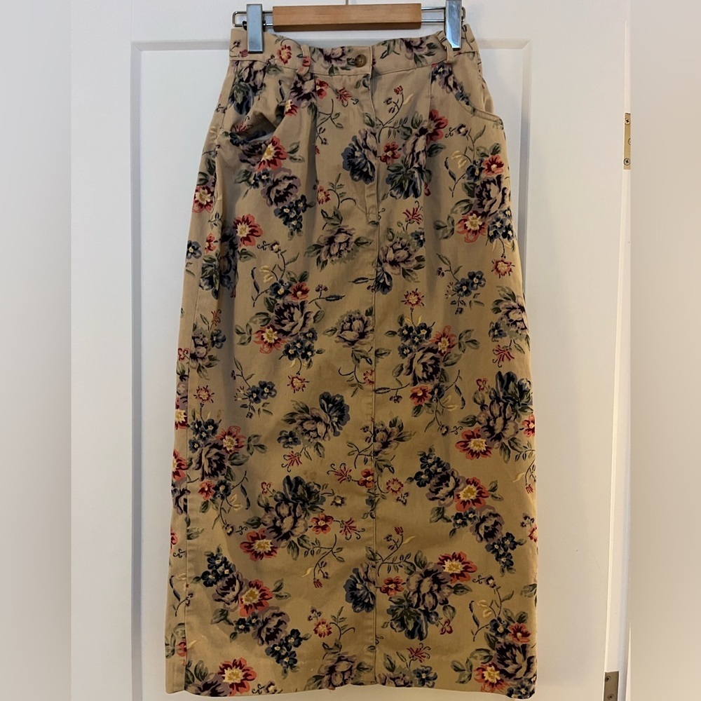 Vintage Talbots 100% Cotton Floral Midi Skirt Khaki Small